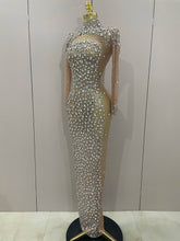 Sparkly Silver Big Rhinestone Sexy Transparent Long Dress 2025 Women Evening Birthday Party Celebrate Club Dancer Stage Costume